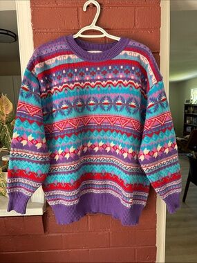 Steffner Vintage Apres Ski Wool Multicolor Patterned Knitted Crewneck Sweater